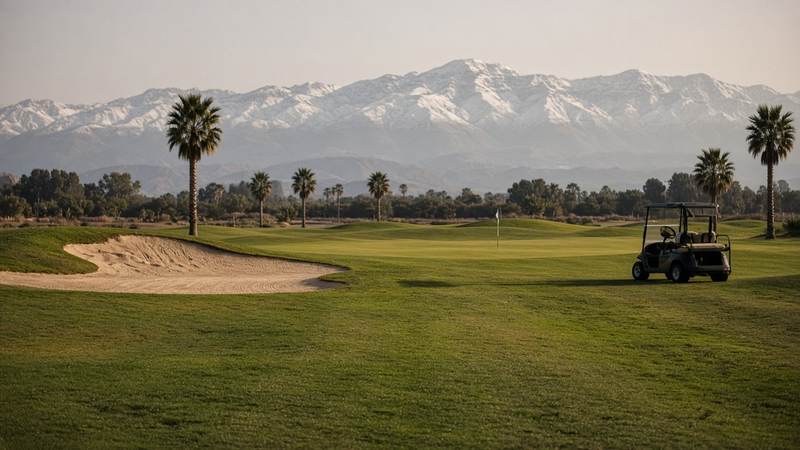 Parcours de golf à Marrakech avec l’Atlas en fond
